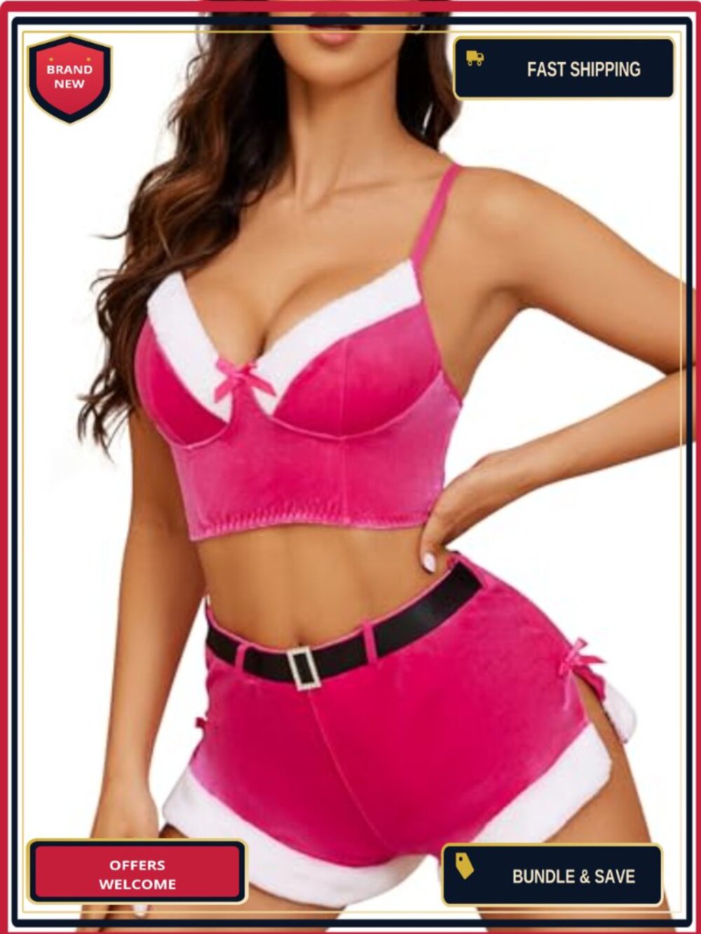 Women's Santa Lingerie Set Velvet Bra Shorts with Belt Christmas Costume